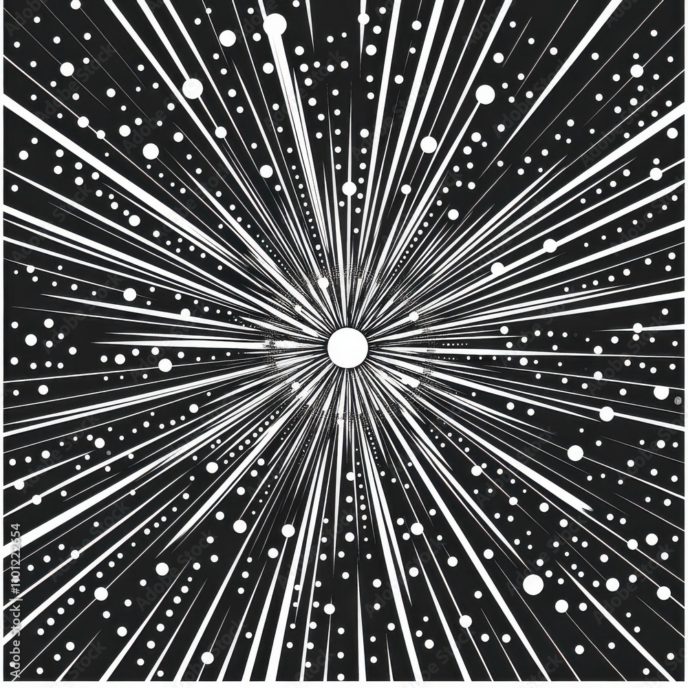 Poster an abstract design featuring radial lines and dots radiating outwards from a central point, creating