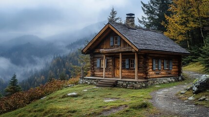 Mountain Log Cabin Nestled In Misty Forest