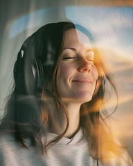 Smiling woman enjoying music in sunlight
