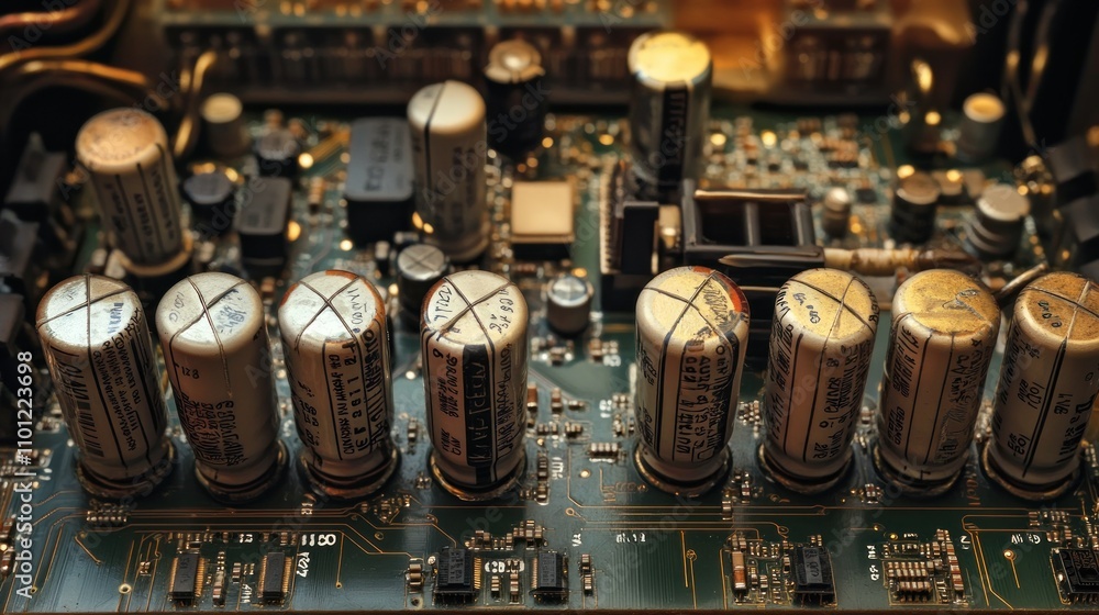 Poster the power supply unit capacitors are large and the metal casing and wiring show the transistors and 