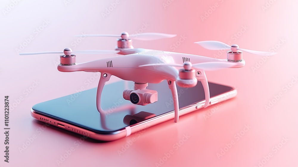 Poster flying realistic drone on a mobile phone rendering