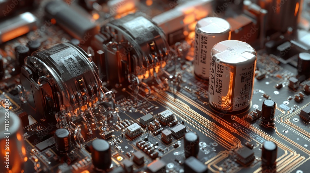 Poster audio amplifier circuit board, highlight capacitors, transistors and component pcb design neatly arr