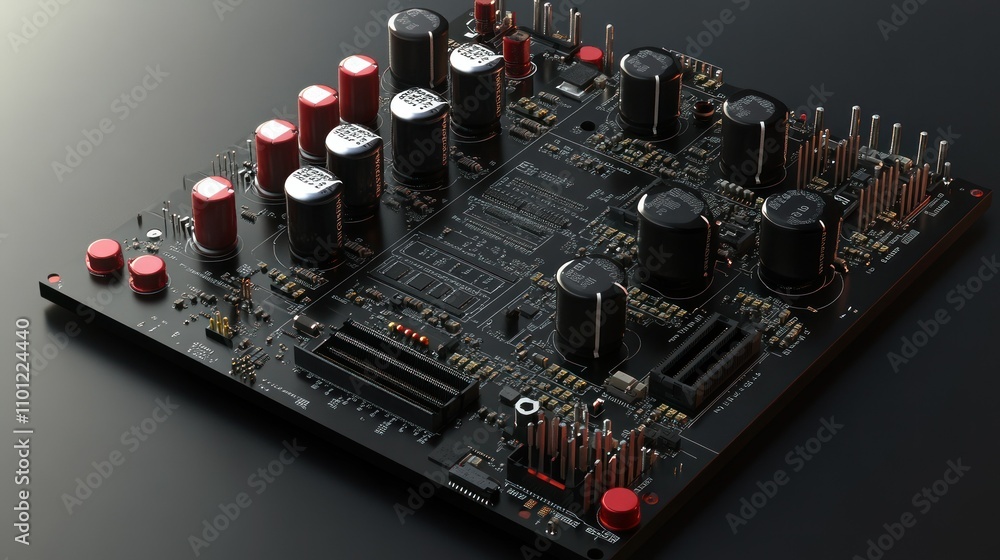 Poster transistor pcb macro with powerful transistors capacitors large enough for power control background 