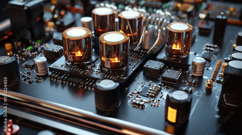 Poster transistor pcb macro with powerful transistors capacitors large enough for power control background 