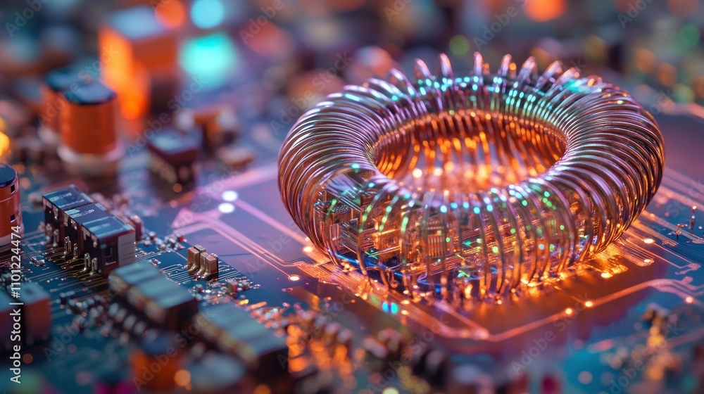 Poster the toroidal core inductor is placed on the pcb, wrapped with neatly rolled copper wire background w
