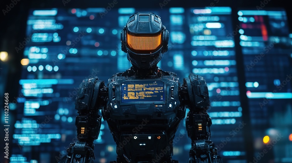 Poster ai crypto trading robot standing and analyzing the forex trading graph