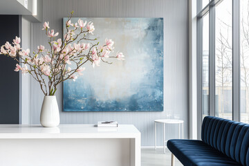 Modern interior with magnolia flowers and blue abstract artwork.