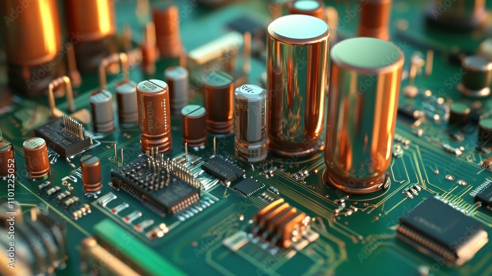 Poster transistor pcb macro with powerful transistors capacitors large enough for power control background 