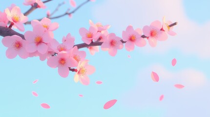 Cherry Blossom branch with flowers and falling petals on blue sky background.