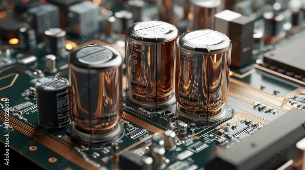Poster audio amplifier circuit board, highlight capacitors, transistors and component pcb design neatly arr