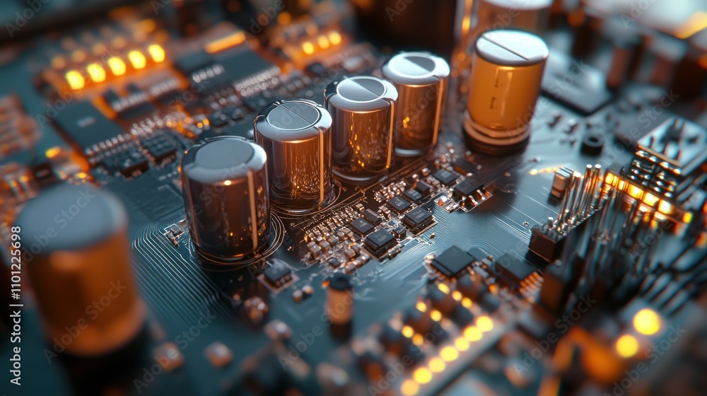 Poster transistor pcb macro with powerful transistors capacitors large enough for power control background 