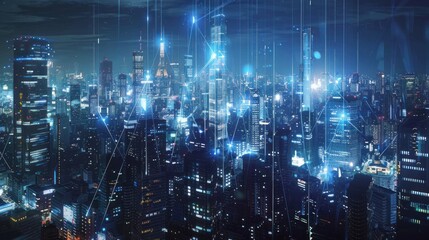 Fototapeta premium Night View of a Modern City with Network Connections