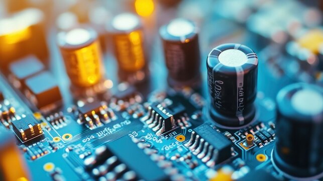 Audio amplifier PCB kit, featuring cylindrical capacitors, black heatsink mounted transistors, and a neat arrangement of resistors and diodes background wallpaper AI generated image