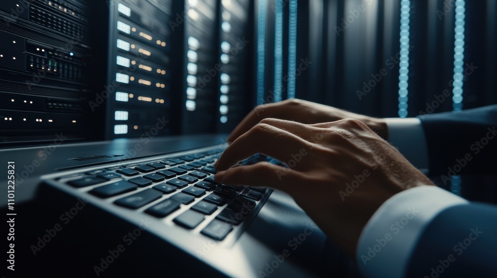 Poster hands typing on keyboard in dark server room
