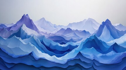 Fototapeta premium A layered paper art representation of mountains and waves in shades of blue.