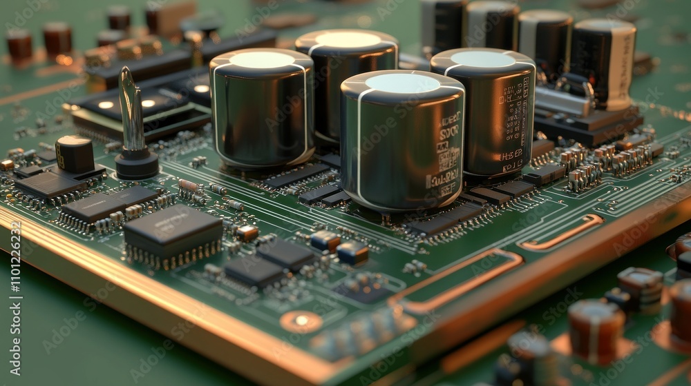 Poster transistor pcb macro with powerful transistors capacitors large enough for power control background 