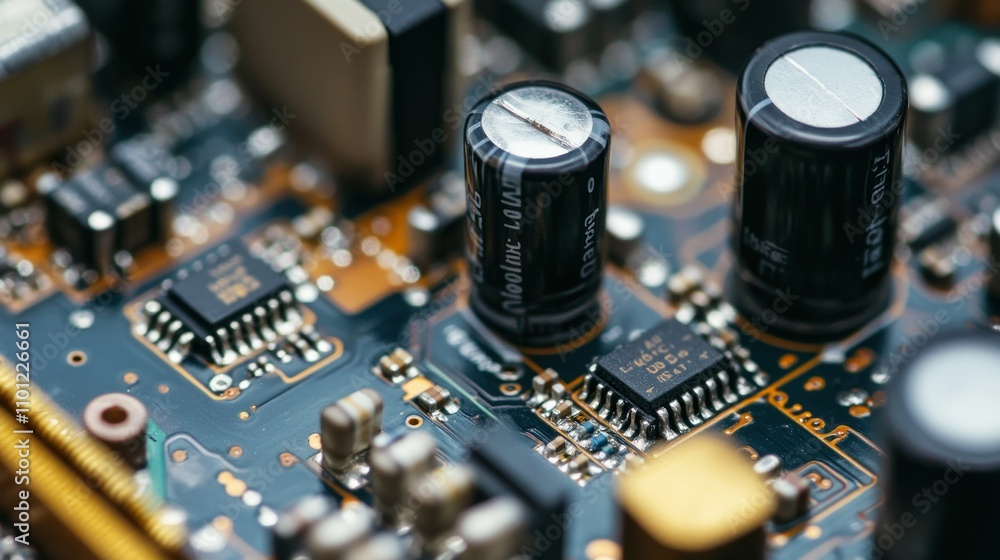 Poster power capacitors installed in radio circuits pcb, designed to filter and smooth electrical noise bac