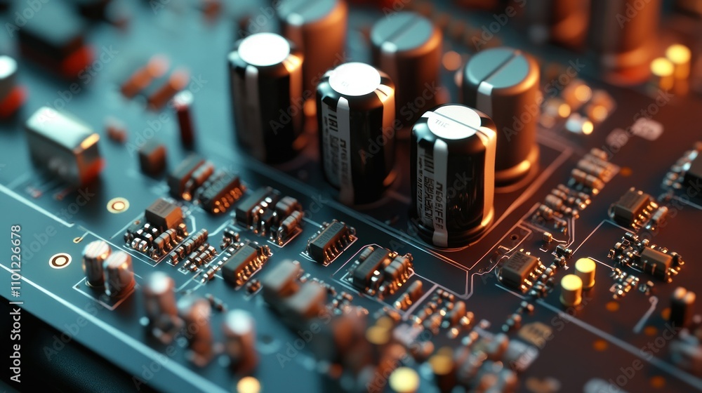 Poster amplifier circuit featuring capacitors and transistors mounted on a pcb equipped with resistors and 