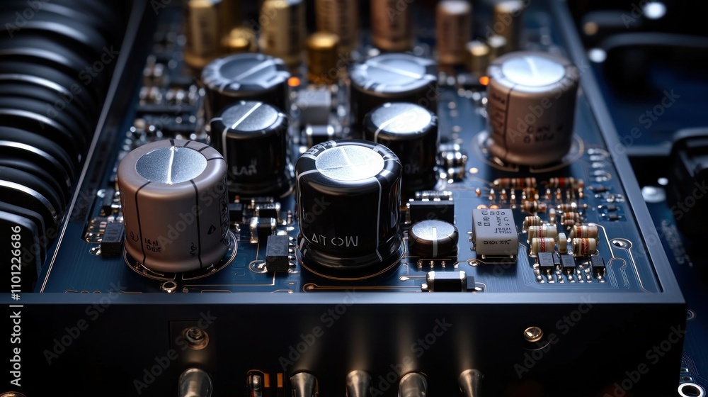 Poster audio amplifier circuit board, highlight capacitors, transistors and component pcb design neatly arr