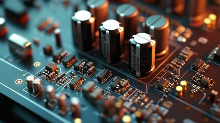 Amplifier circuit featuring capacitors and transistors mounted on a PCB equipped with resistors and audio output background wallpaper AI generated image
