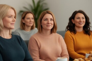 A group of counselors debriefing after a day of sessions in a cozy meeting room with coffee and snacks, Symbol of support, Professional reflection
