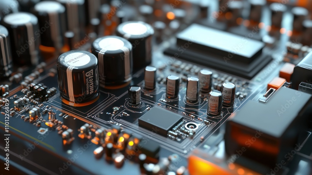 Poster transistor pcb macro with powerful transistors capacitors large enough for power control background 