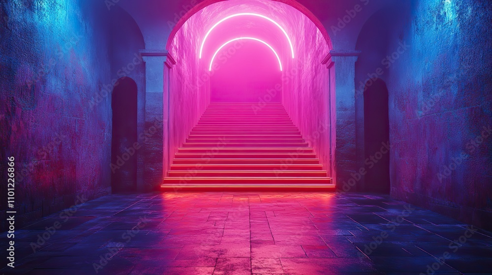 Poster glowing neon lines stage rendering