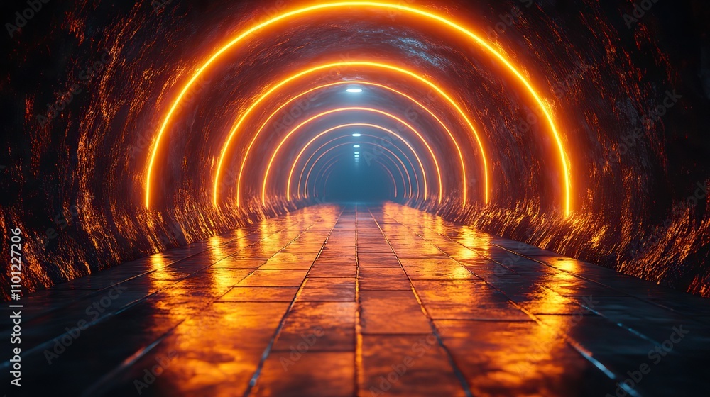 Poster glowing round illuminated lines in the dark round room rendering