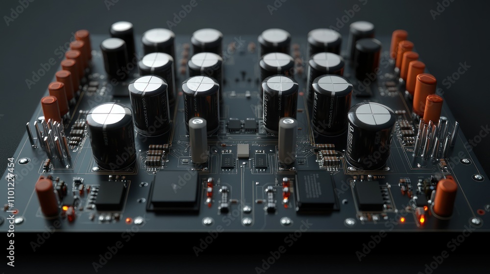 Poster amplifier circuit featuring capacitors and transistors mounted on a pcb equipped with resistors and 