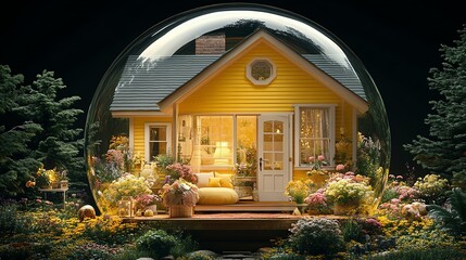 Fototapeta premium A cozy yellow house encased in a glass dome surrounded by vibrant flowers and greenery.