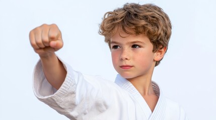 a cute kid practising taekwondo showing a punch