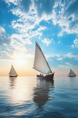 Three sailboats at sunset on calm sea.