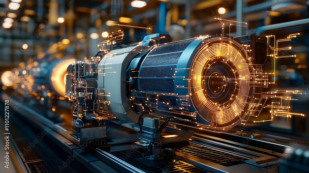 Aufkleber modern electric motor with glowing circuits in factory setting