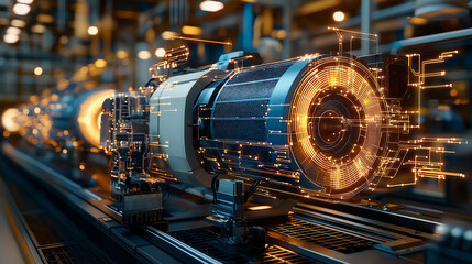 Obraz premium Modern electric motor with glowing circuits in factory setting