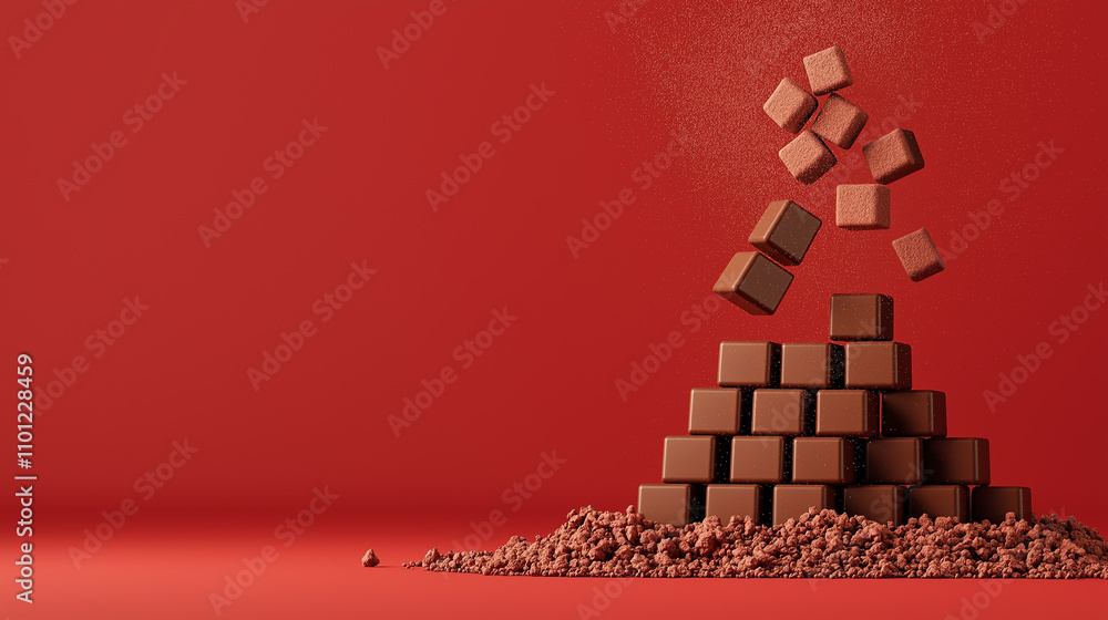 Poster delicious chocolate cubes stacked creatively on red background