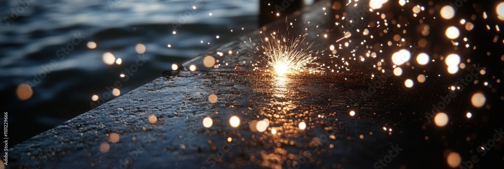 Poster a close-up of sparks igniting on a wet surface near water, creating a shimmering effect.