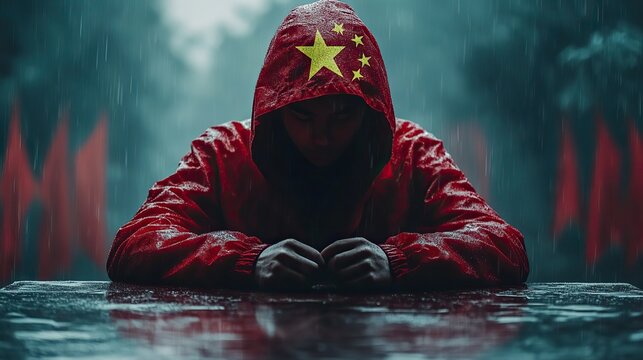 hacker with china flag man computer geek in hood cyber developer from prk hacker threat from china man computer scientist sits at table white hat hacker protects china cyberspac