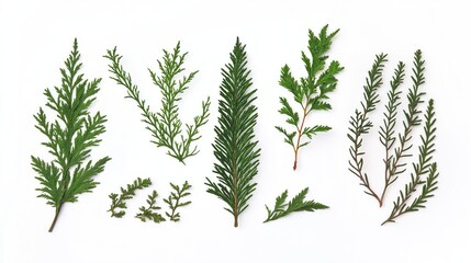 Fototapeta premium Top View of Green Pine Tree Branches on White Background, Ideal for Seasonal, Festive, and Eco-Friendly Creative Projects.