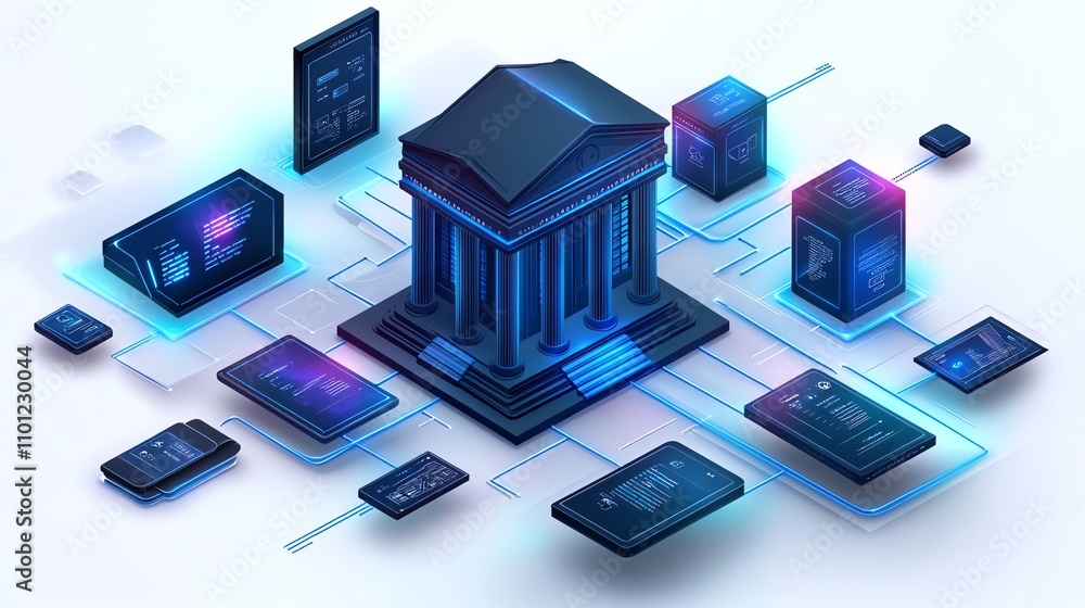 Poster futuristic bank building connected to multiple digital devices and networks.