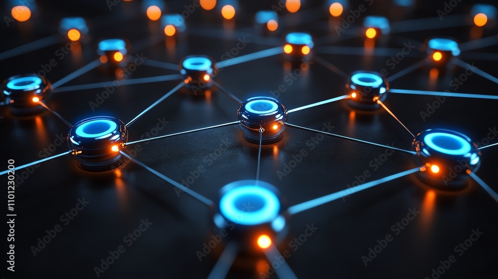 Poster futuristic network of glowing nodes connecting in a digital space.