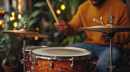 Obraz premium hands playing drum cymbals drums live performance rock jazz blues live event studio drumstick percussion rhythm