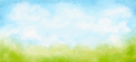 Obraz premium Watercolor meadow and sky, grass, field, summer landscape, hand drawn nature background. Hand drawn illustration