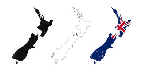 New Zealand map set on white background. New Zealand Map with Flag, black map and outline map.