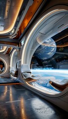Fototapeta premium Futuristic interior showcasing modern aircraft design with elegant aesthetics and mars view