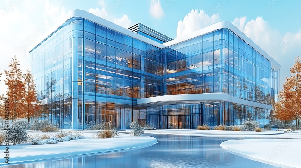 Poster hospital model with blue structure lines rendering