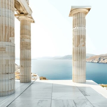 Scenic view of the aegean sea from an ancient greek temple with doric columns on a sunny day