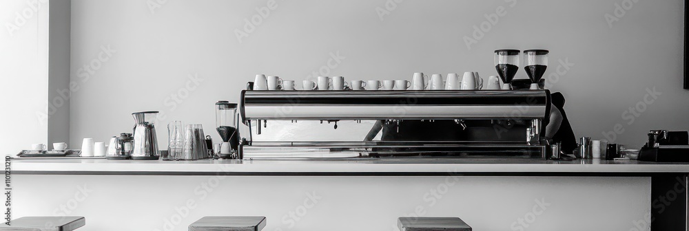Poster modern coffee shop espresso machine setup on a minimalist counter.