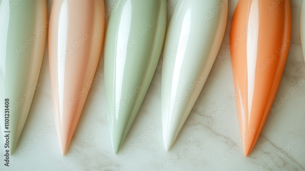 Poster close-up of five pastel-colored, glossy, teardrop-shaped objects arranged in a row on a marble surfa
