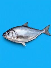 Obraz premium Fresh silver fish culinary showcase kitchen bright blue environment top view healthy eating concept