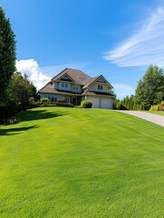 Modern family home exterior suburban neighborhood real estate photography lush green environment wide angle view dream living